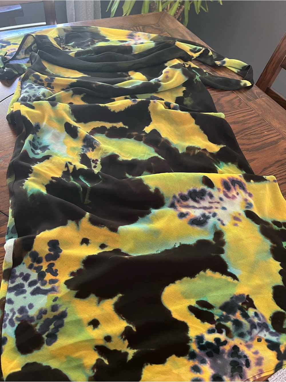 ZARA Yellow Black Green Abstract Print Cowl Neck dress Womenโs L # 673